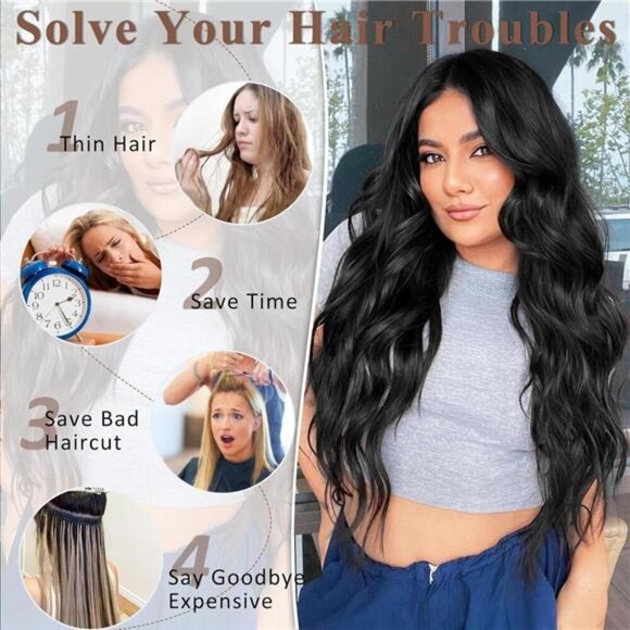 ALXNAN Clip in Long Wavy Synthetic Hair Extension 24 Inch Black 4PCS Thick - Picture 6 of 7